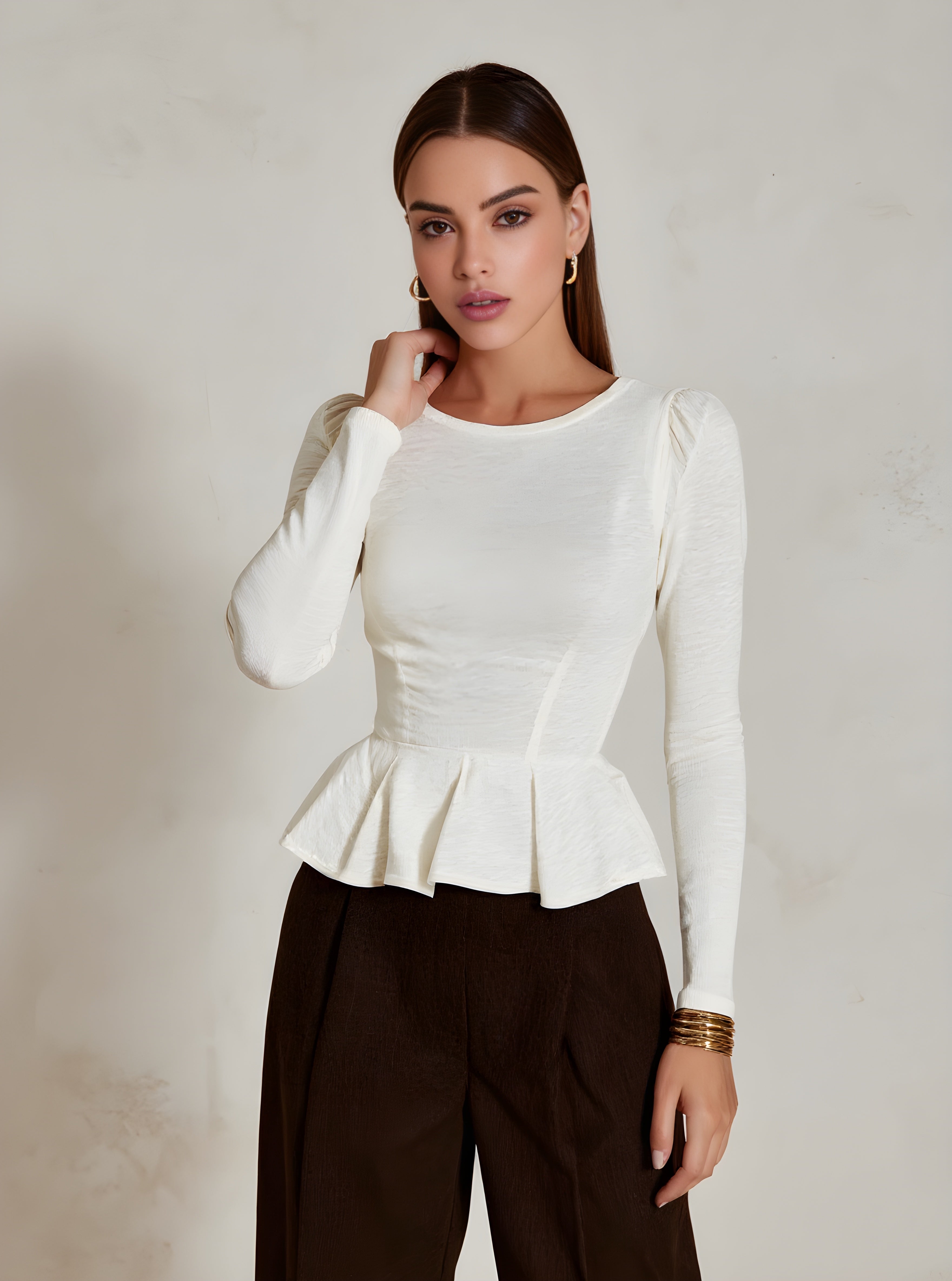 Autumn T-Shirts 2025 Women's Simple Elegant Plain Long Sleeve Round-Neck Puffy Daily Basic T-Shirts