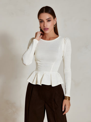 Autumn T-Shirts 2025 Women's Simple Elegant Plain Long Sleeve Round-Neck Puffy Daily Basic T-Shirts