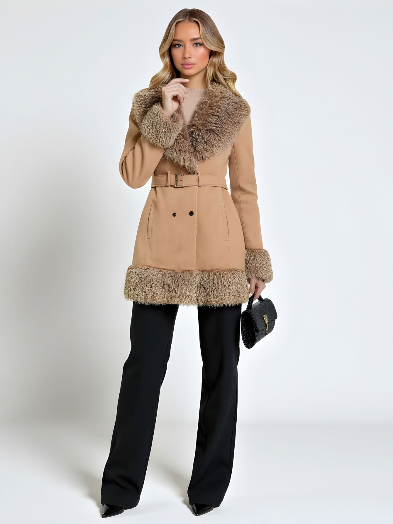 Women's Warm Wool Collar Belt Coat Mid-Length Solid Color Comfortable Eye-Absorbing Stitching Fur One European American Style