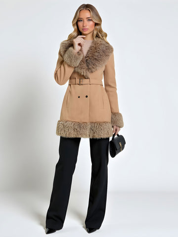 Women's Warm Wool Collar Belt Coat Mid-Length Solid Color Comfortable Eye-Absorbing Stitching Fur One European American Style