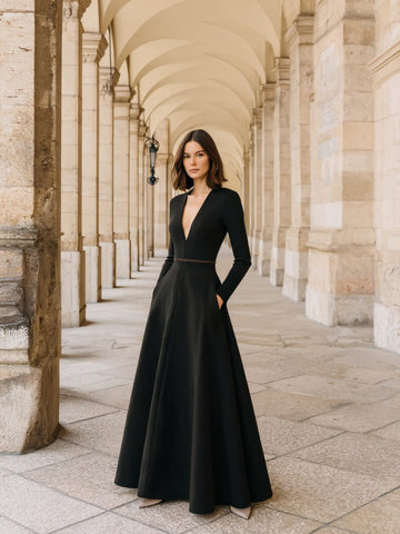 Autumn Dresses 2025 Women's Elegant Plain Draped Long Sleeve V-Neck A-Line Midi Party Dresses