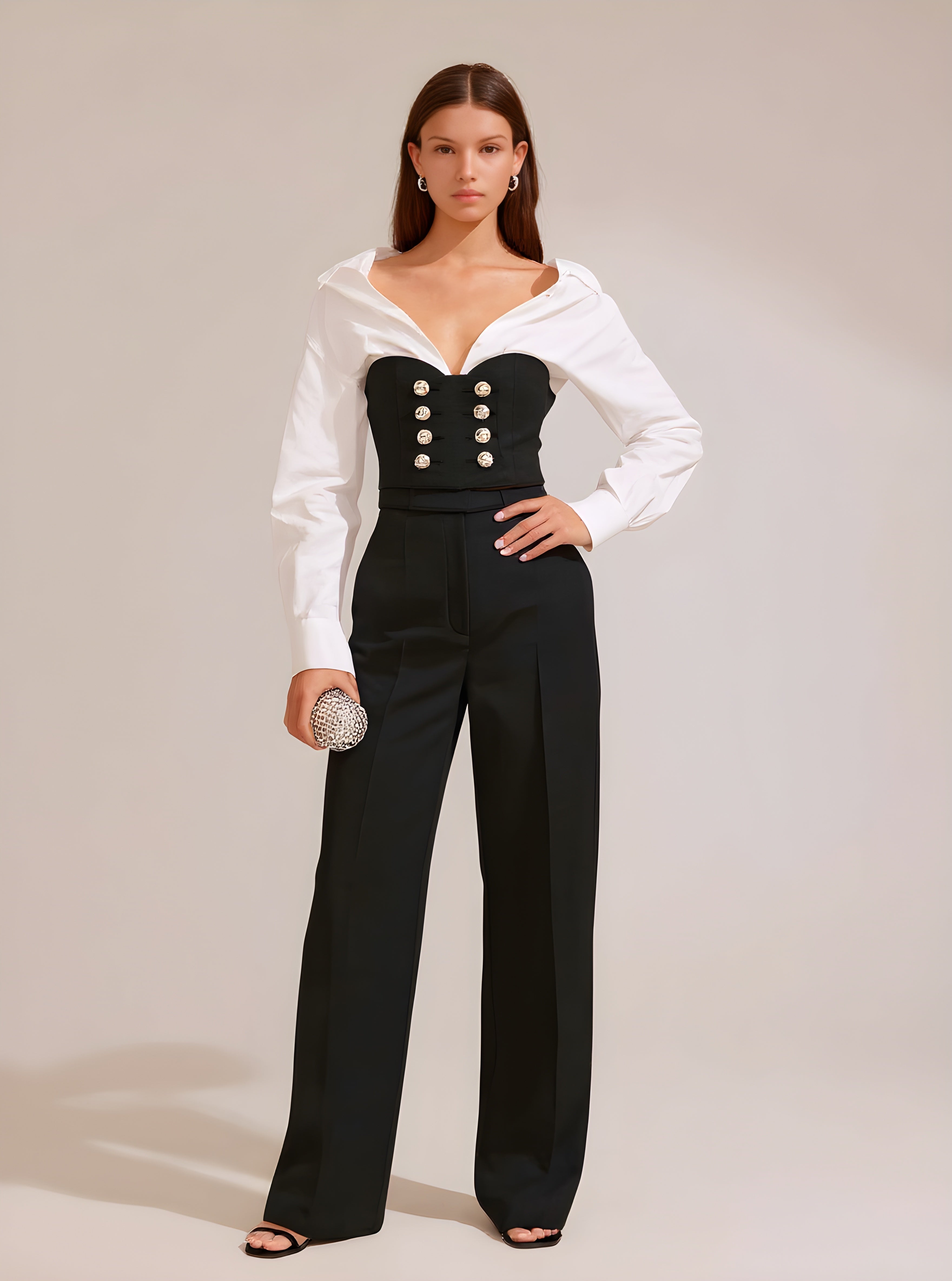 Autumn Tanks 2025 Women's Decent Patchwork Long Sleeve V-Neck Double Breasted Office Lady Tanks