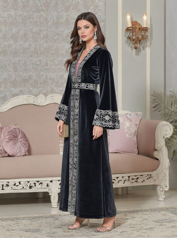 Autumn Jalabiyas A-Line Midi Dress V-Neck Bell Sleeve Casual Fit Muslim Fashion Arabic Robe Women's Clothing