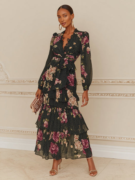 Autumn Casual Fit A-Line Dress Mid-Length Skirt V-Neck Straight Sleeve Midi Dress Elegant Comfortable Women's Fashion