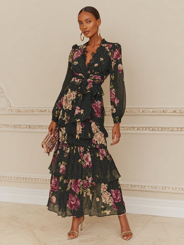 Autumn Casual Fit A-Line Dress Mid-Length Skirt V-Neck Straight Sleeve Midi Dress Elegant Comfortable Women's Fashion