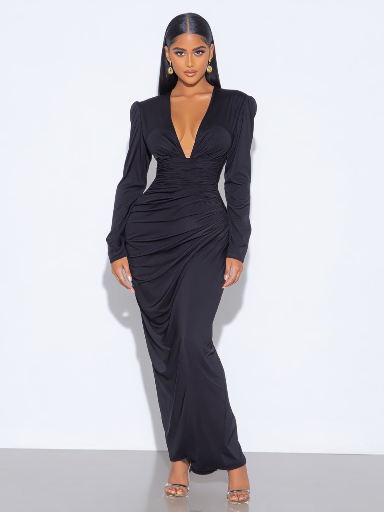 Women's 2025 Autumn Chic Dresses Long Sleeve Plunge Neck Plain Daily Skinny Fit Dresses