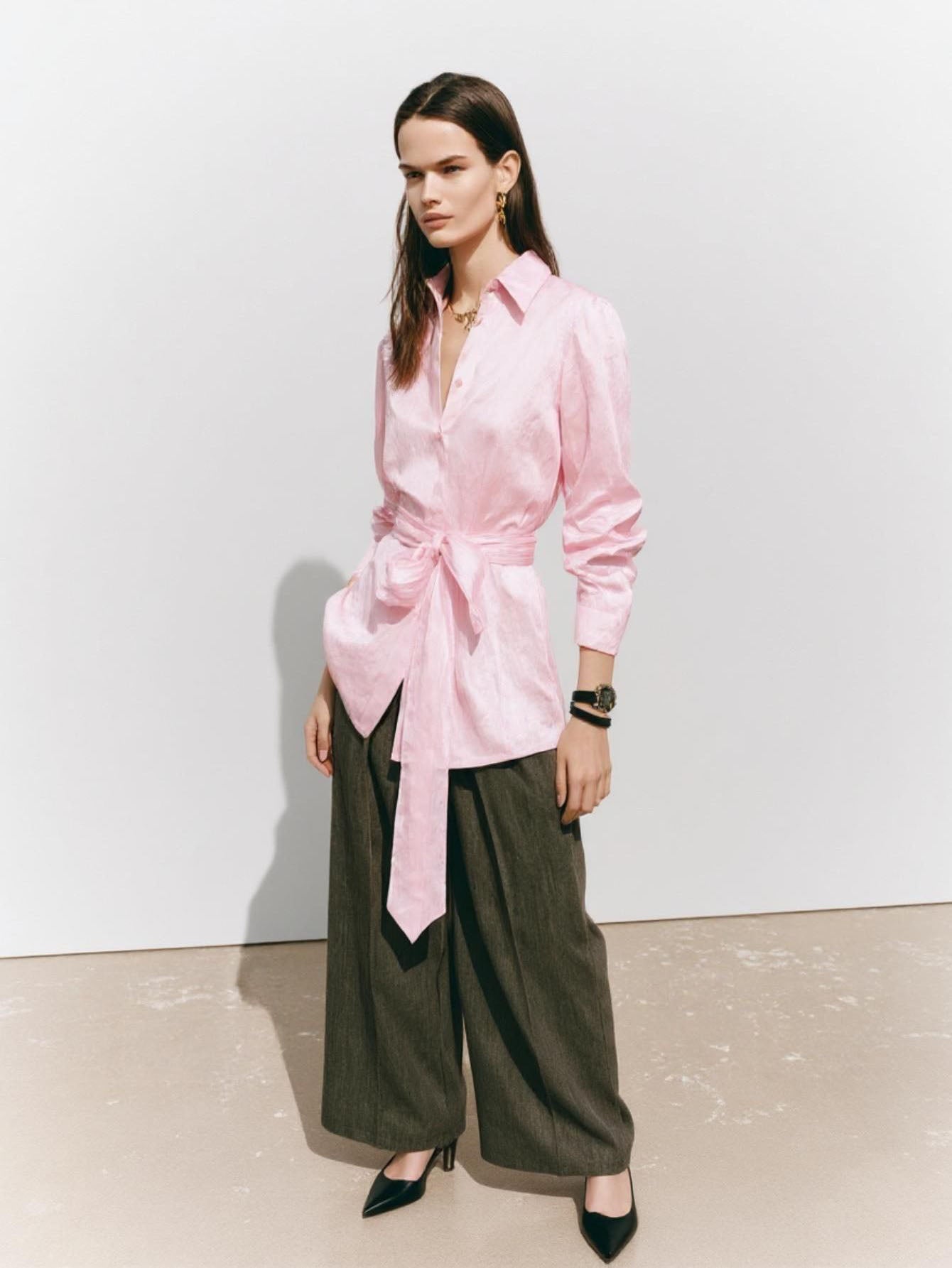 Women's Autumn Winter 2025 Shirts Daily Fashion Plain Long Sleeve Lapel Knot Regular Fit Casual Shirts