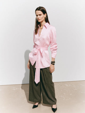 Women's Autumn Winter 2025 Shirts Daily Fashion Plain Long Sleeve Lapel Knot Regular Fit Casual Shirts