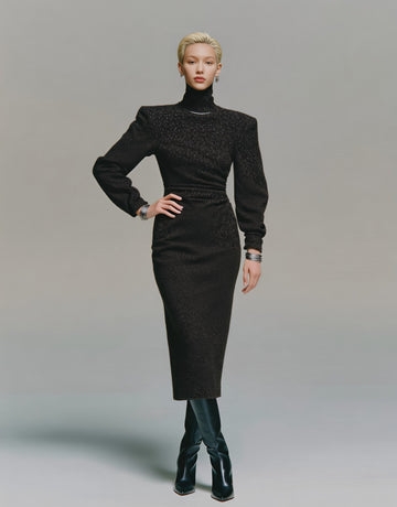 Winter Tight Fit Dress Casual High Collar Mid-Length Skirt Style Straight Sleeve Bodycon Style Women's Clothing