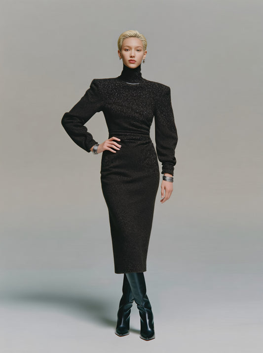 Winter Tight Fit Dress Casual High Collar Mid-Length Skirt Style Straight Sleeve Bodycon Style Women's Clothing