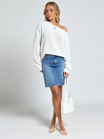 Autumn Winter Off-Shoulder Pullover Knitted Sweater Pure Color Loose Casual Versatile One-Shoulder Style for Commuting