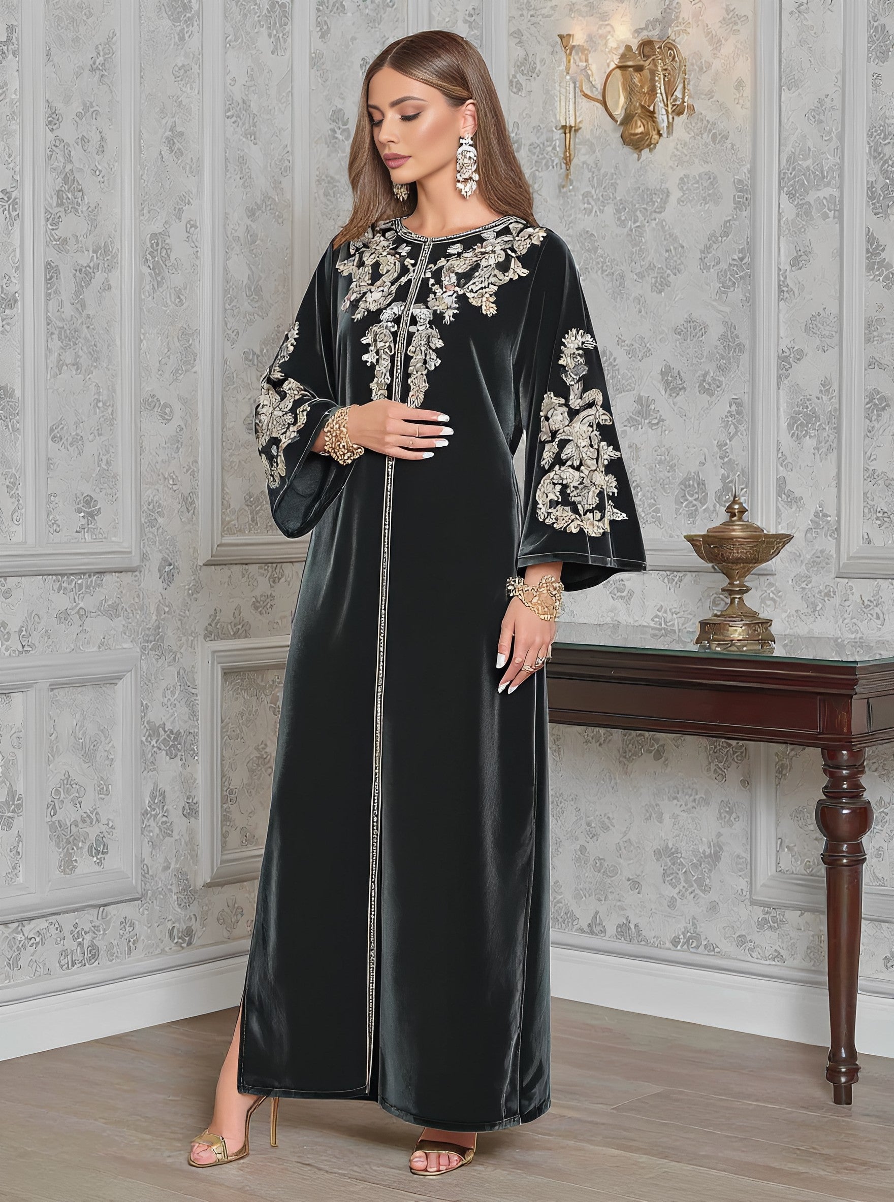 Autumn Jalabiyas Loose Fit Round Neck Sleeve Long Casual Arab Robe Women's Fashion Muslim Clothing A-Line Skirt Style