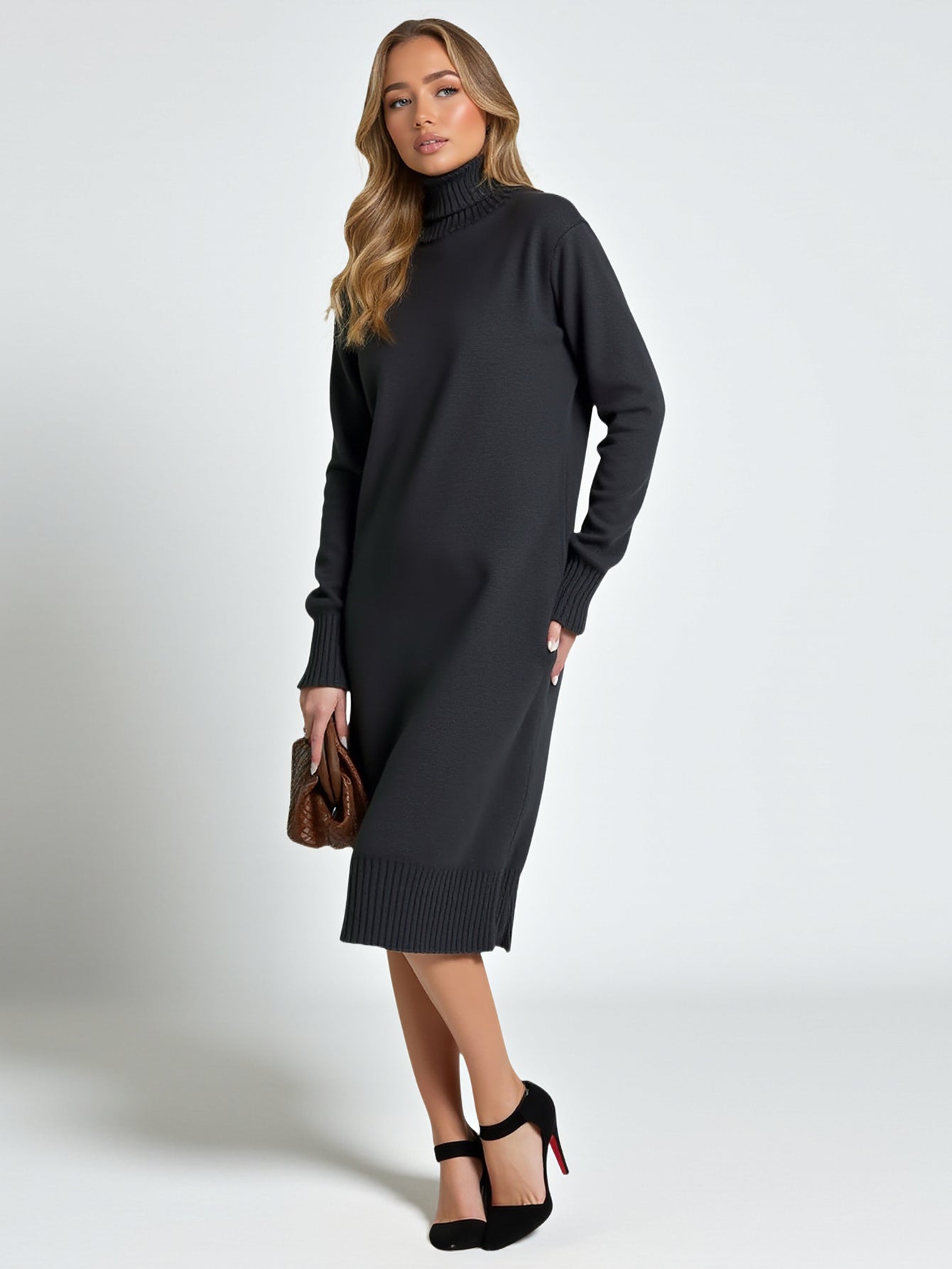 Women's Dresses Autumn Winter Simple Casual Comfortable Plain Rib Knit Long Sleeve Turtleneck Below Knee Daily Shift Dresses