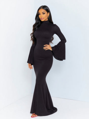 2025 Autumn Women's Dresses Elegant Plain Flare Sleeve Crew Neck Skinny Fit Simple Maxi Mermaid Evening Dress