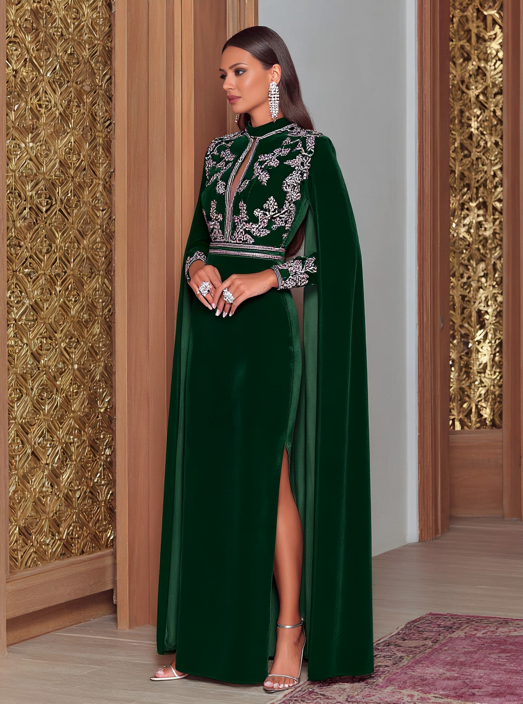 Casual Long Dress With Slit Sleeves And Stand Collar For Women Autumn Fashion Muslim Clothing Elegant Style