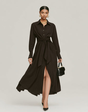 Autumn Dresses 2025 Women's Decent Plain Long Sleeve Shirt Collar Lace-Up Office Lady Midi A-Line Dresses