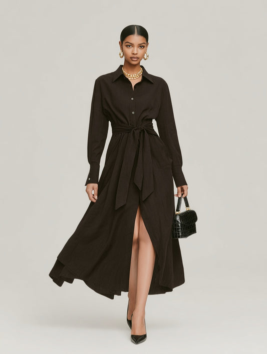 Autumn Dresses 2025 Women's Decent Plain Long Sleeve Shirt Collar Lace-Up Office Lady Midi A-Line Dresses