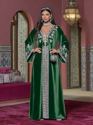 Autumn Casual Loose Jalabiyas Long Dress V-neck Sleeve Design A-line Skirt Style Women's Muslim Fashion Arabic Robe