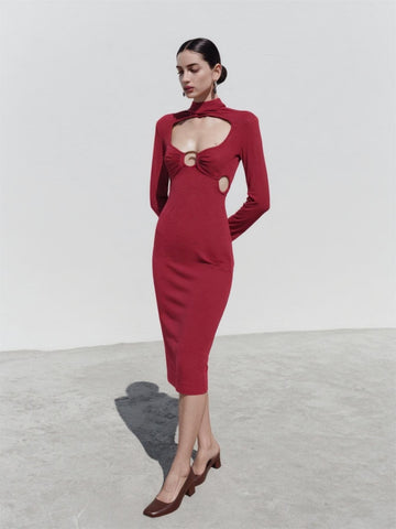 Fall 2025 Dresses Solid Color Long Sleeve Cutout Neckline Metal Ring Accent Minimalist Chic Dresses