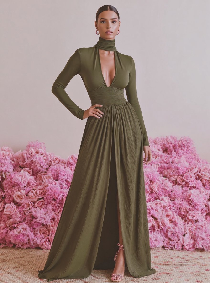 Women's Dresses Autumn Winter Fashion 2025 Plain Long Sleeve Halter Neck Maxi A-line Sexy Club Dresses