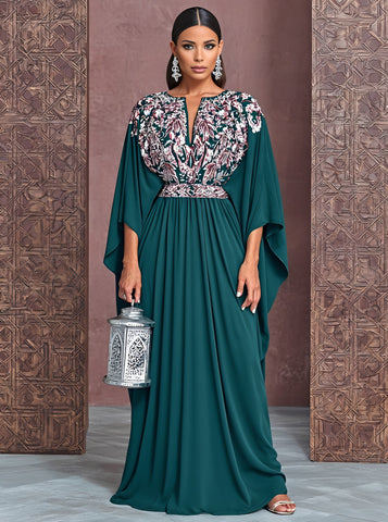 Autumn Kaftan V-neck Long Gown Casual Style A-line Skirt Batwing Sleeves Full-length Muslim Fashion Arabic Robe