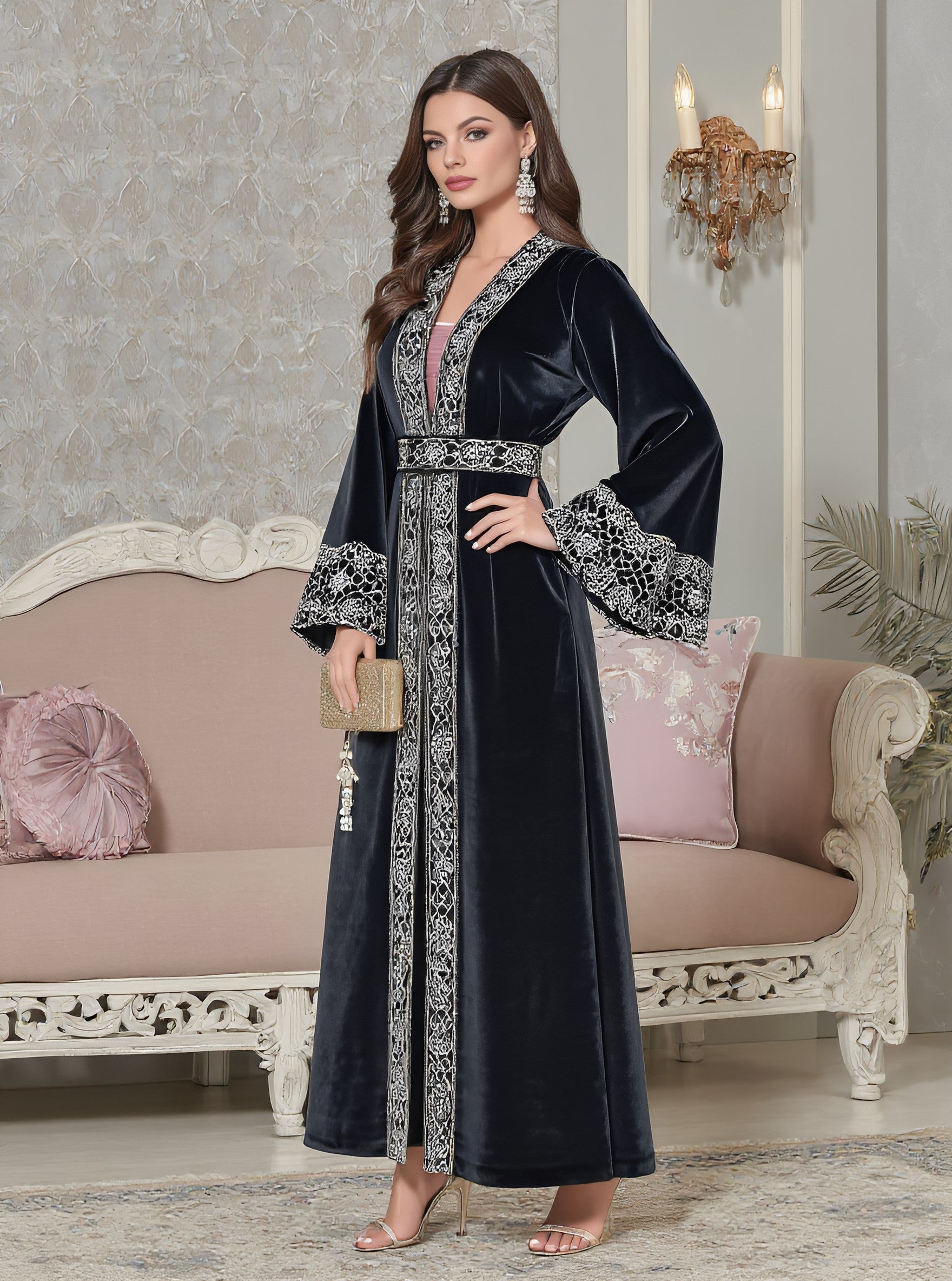Autumn Jalabiyas A-Line Midi Dress V-Neck Bell Sleeve Casual Fit Muslim Fashion Arabic Robe Women's Clothing
