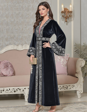 Autumn Jalabiyas A-Line Midi Dress V-Neck Bell Sleeve Casual Fit Muslim Fashion Arabic Robe Women's Clothing