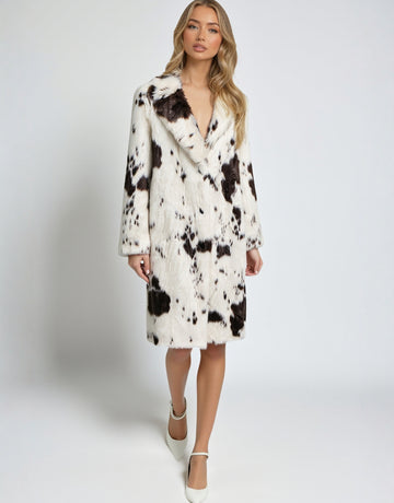 Women's Winter Long Faux Fur Coat Animal Print Lapel New Outerwear for Ladies