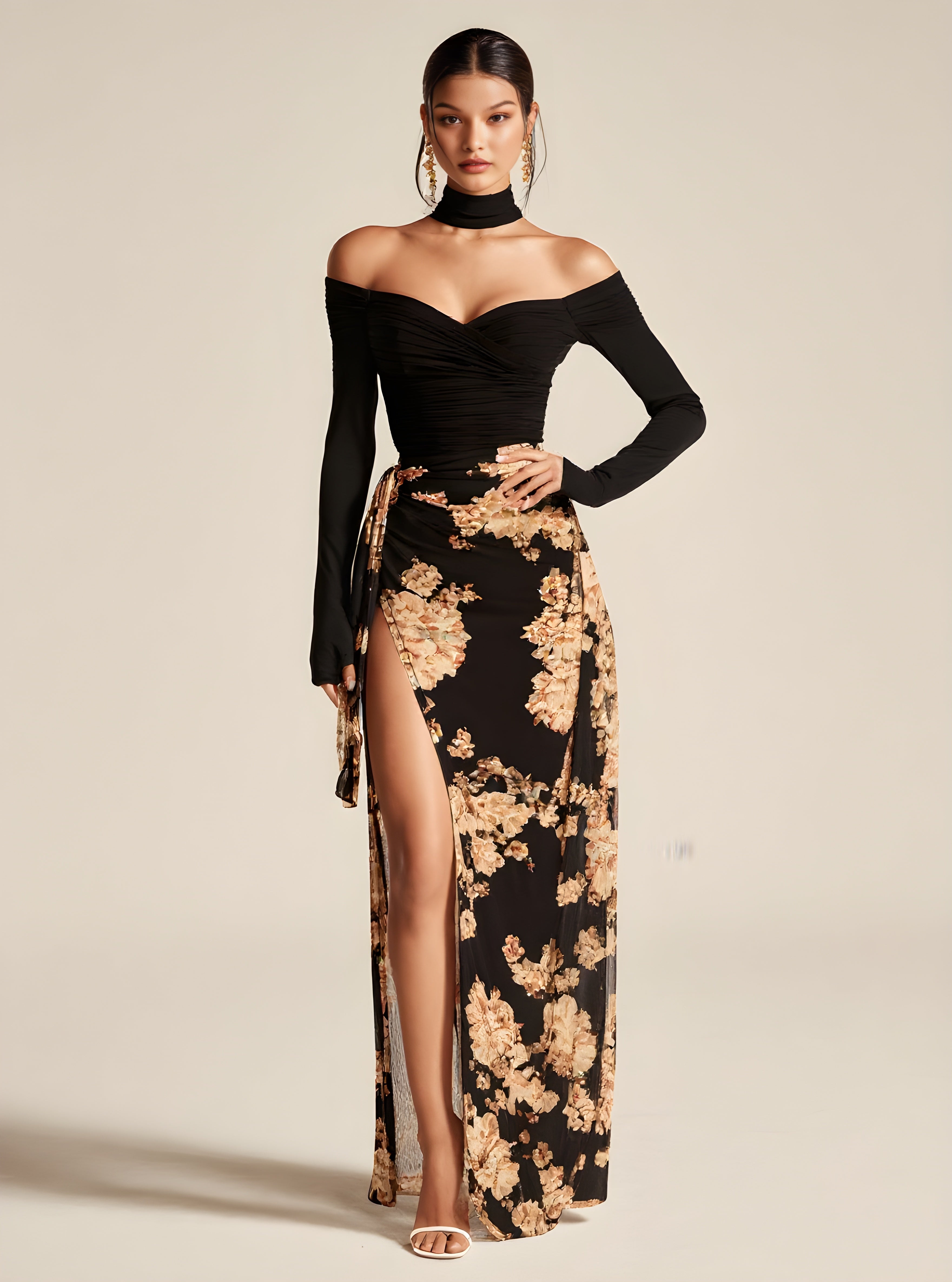 Autumn Dresses 2025 Women's Elegant Graphic Printing Long Sleeve Halter Neck High-Slit Party Midi Dresses