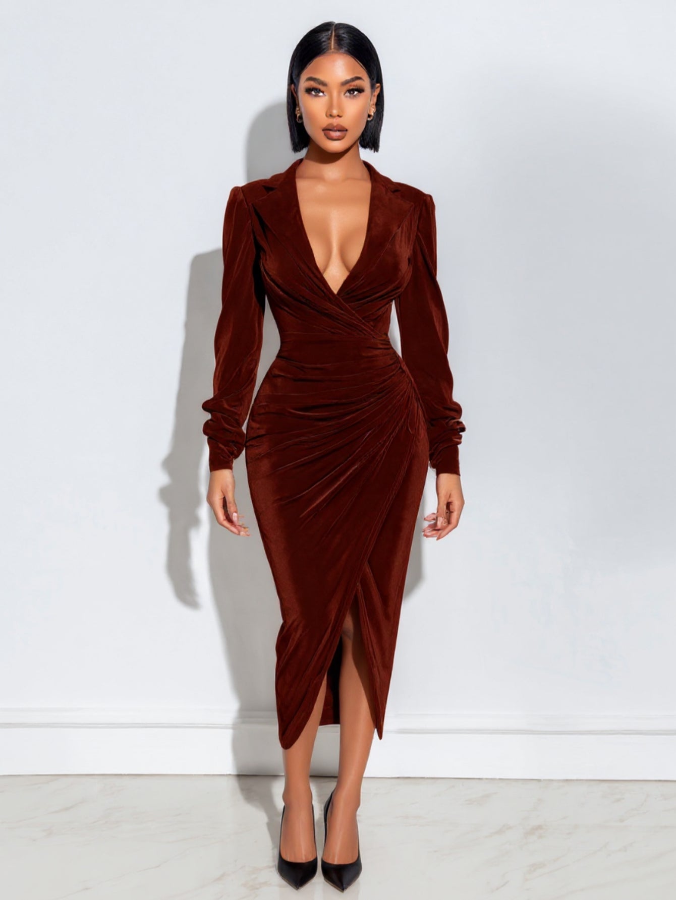 2025 Autumn Women's Dresses Sexy Plain Long Sleeve Plunge Neck Lapel Side Slit Elegant Midi Evening Dresses
