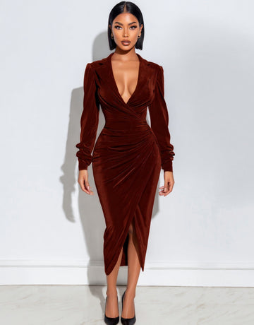 2025 Autumn Women's Dresses Sexy Plain Long Sleeve Plunge Neck Lapel Side Slit Elegant Midi Evening Dresses