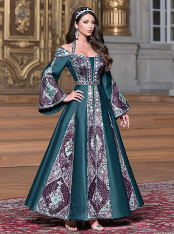 Autumn Long Dress Casual Style A-Line Body-Fitting Off-Shoulder Bell-Sleeve Muslim Fashion Women's Dress