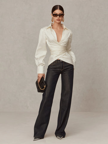 Autumn Shirts 2025 Women's Chic Plain Long Cuff Sleeve Shirt Collar Asymmetrical Nipped Waists Basics Shirts