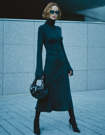 Casual Fitted Skirt High Collar Midi Dress Straight Sleeve Long Neck Line Autumn Fashion Women's Dress