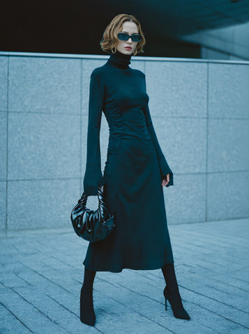 Casual Fitted Skirt High Collar Midi Dress Straight Sleeve Long Neck Line Autumn Fashion Women's Dress