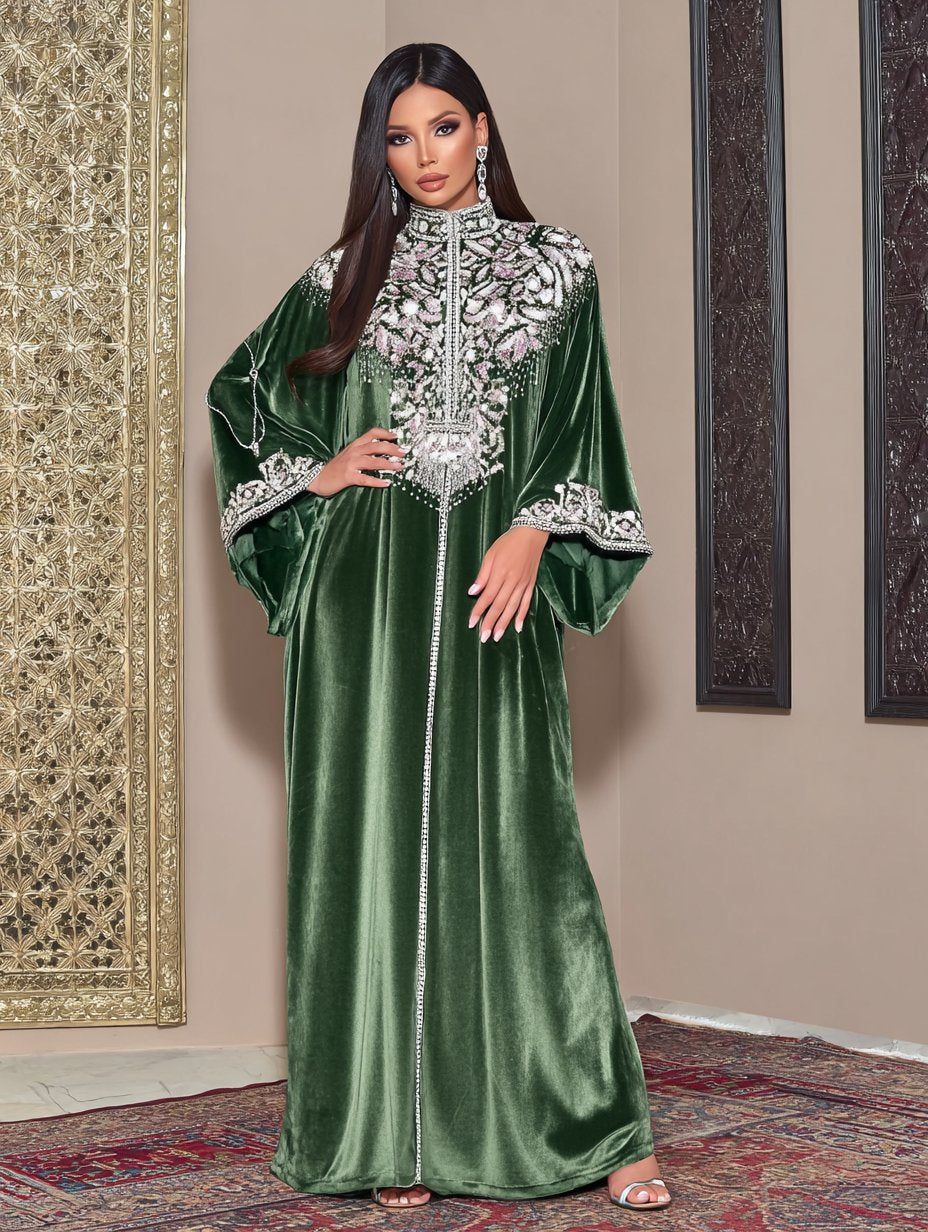 Loose Fit Kaftan Long Dress Autumn Fashion Skirt Stand Collar Pleated Sleeve Casual Style Women's Muslim Arab Robe