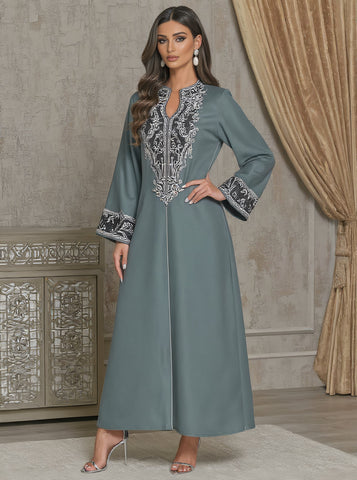 Autumn Jalabiyas Loose Fit Long Dress Casual Split Neck Straight Sleeve Women's Muslim Fashion Arabic Robe