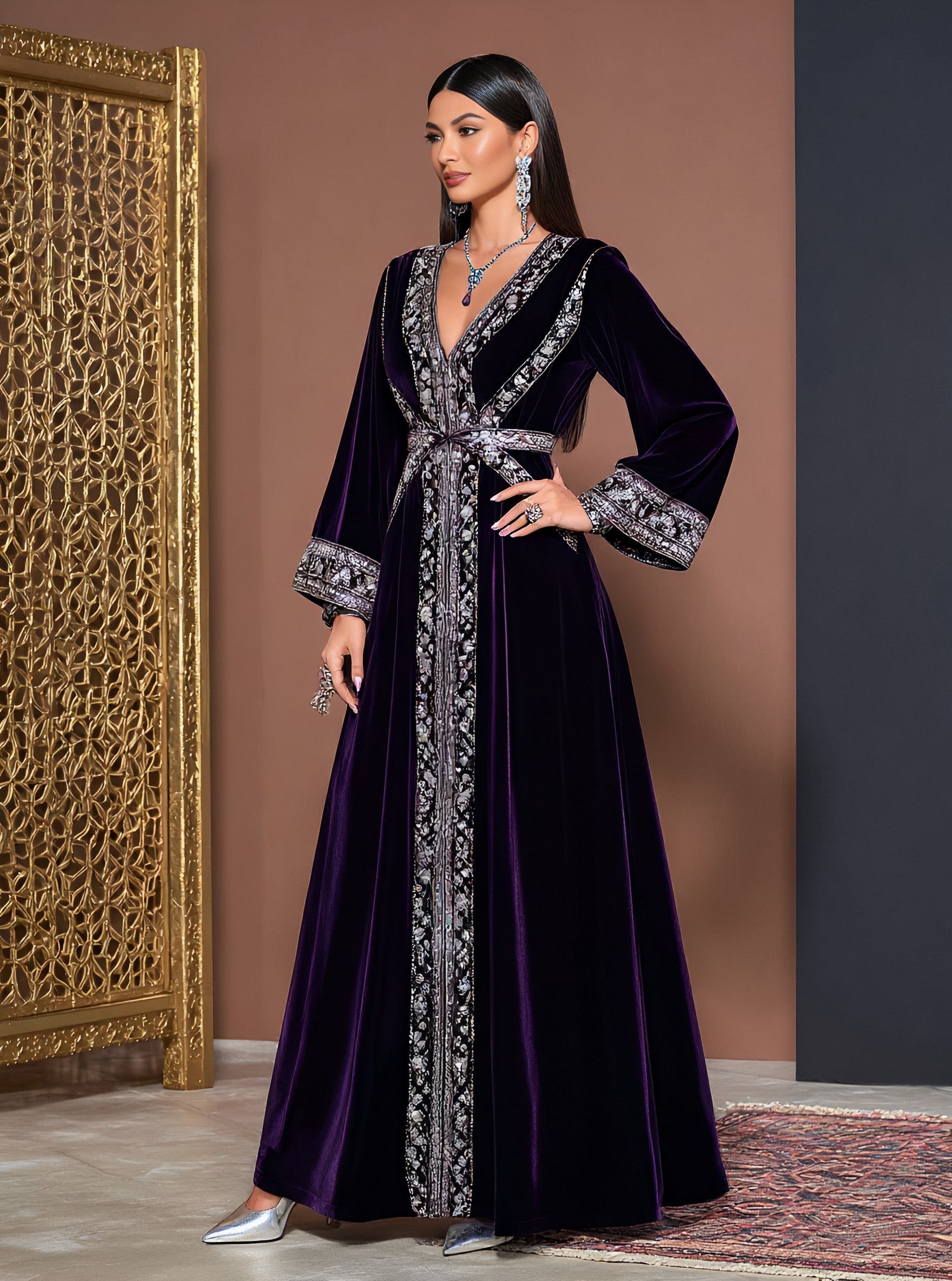 Autumn Casual Loose Jalabiyas Long Skirt With V-Neck And Straight Sleeve Muslim Fashion Arabic Robe Women's Clothing