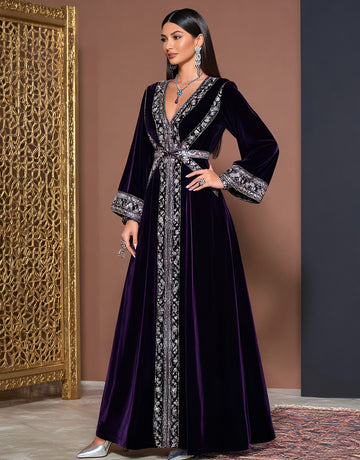 Autumn Casual Loose Jalabiyas Long Skirt With V-Neck And Straight Sleeve Muslim Fashion Arabic Robe Women's Clothing