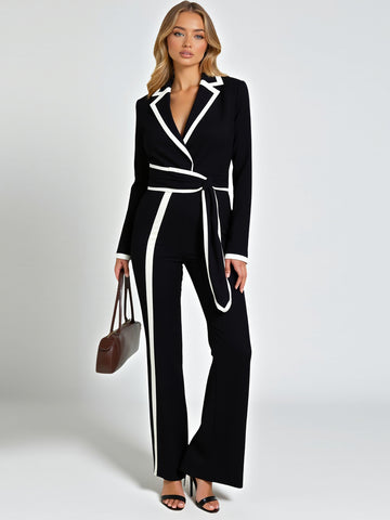 Autumn Women's Jumpsuits Decent Basics Contrast Color Asymmetrical Long Sleeve V-Neck Ankle Jumpsuits