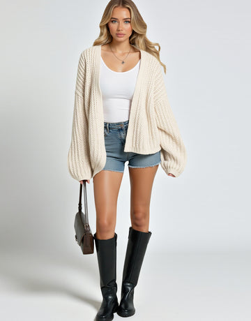 Korea Chic Autumn Loose Casual Solid Color Lantern Sleeve Knitted Cardigan Sweater Coat Versatile Lazy Style