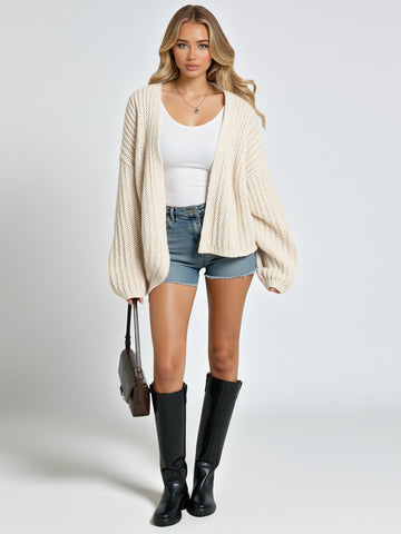 Korea Chic Autumn Loose Casual Solid Color Lantern Sleeve Knitted Cardigan Sweater Coat Versatile Lazy Style