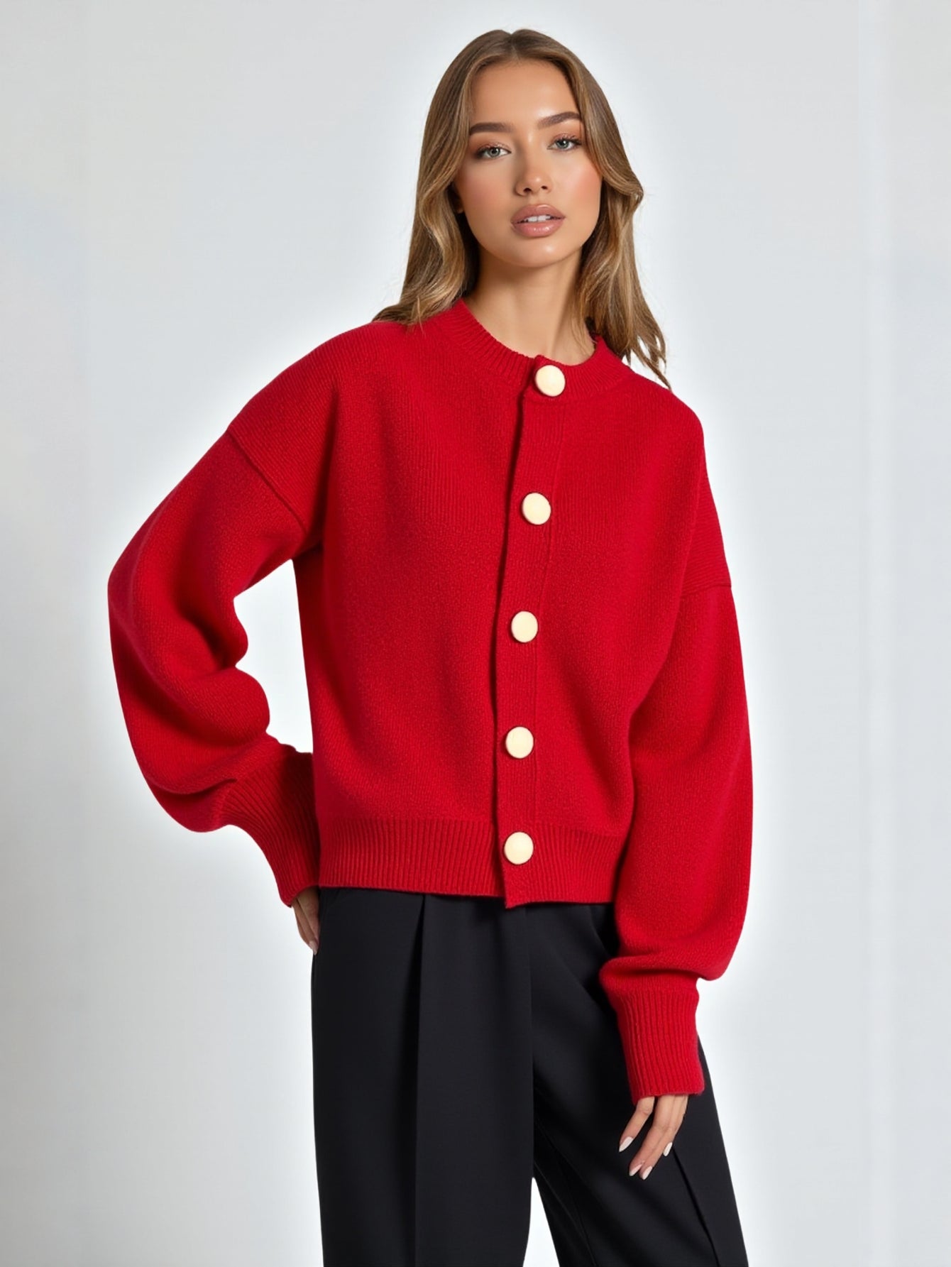 Solid Color Knitted Cardigan Western Style Loose Fit round Neck Single-breasted Spring Autumn Design Women's Outerwear