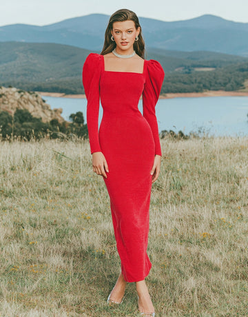 Women's Dress Autumn Elegant 2025 Plain Square Neck Puff Sleeve Bodycon Midi Evening Formal Dress