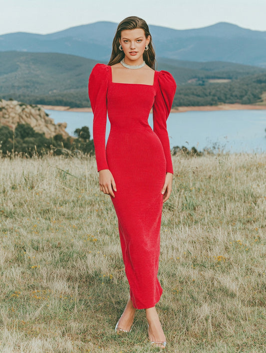 Women's Dress Autumn Elegant 2025 Plain Square Neck Puff Sleeve Bodycon Midi Evening Formal Dress