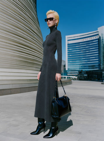 Autumn Tight Fit Dress High Collar Midi Skirt Casual Style Straight Sleeve Women's Clothing Fashionable Elegant