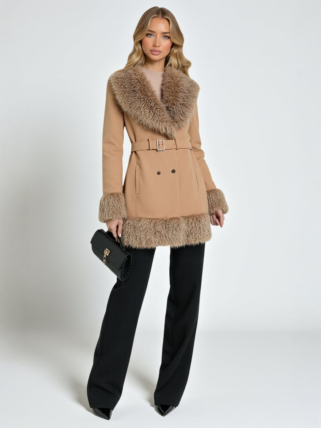 Women's Warm Wool Collar Belt Coat Mid-Length Solid Color Comfortable Eye-Absorbing Stitching Fur One European American Style