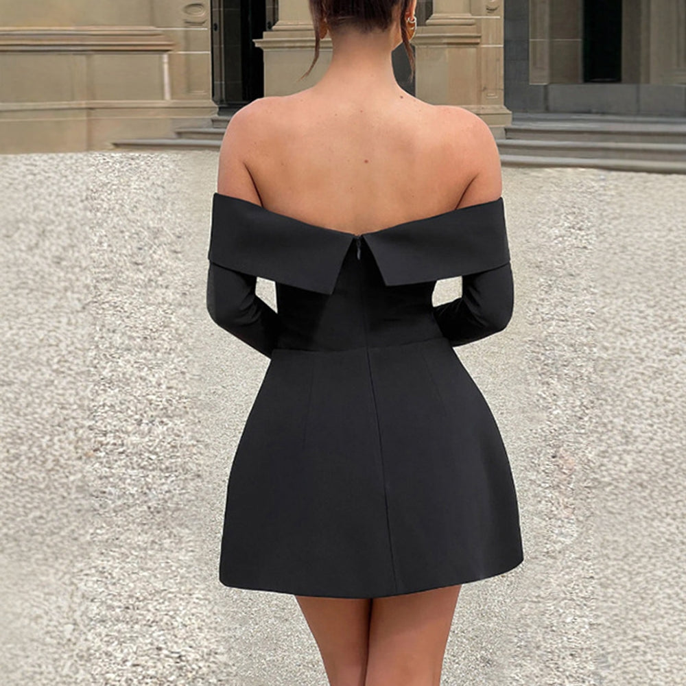 Autumn Winter 2025 Women's Dresses Decent High Street Solid Color Long Sleeve Off Shoulder Mini A-Line Casual Dresses