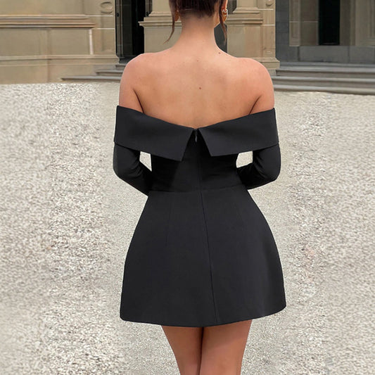 Autumn Winter 2025 Women's Dresses Decent High Street Solid Color Long Sleeve Off Shoulder Mini A-Line Casual Dresses