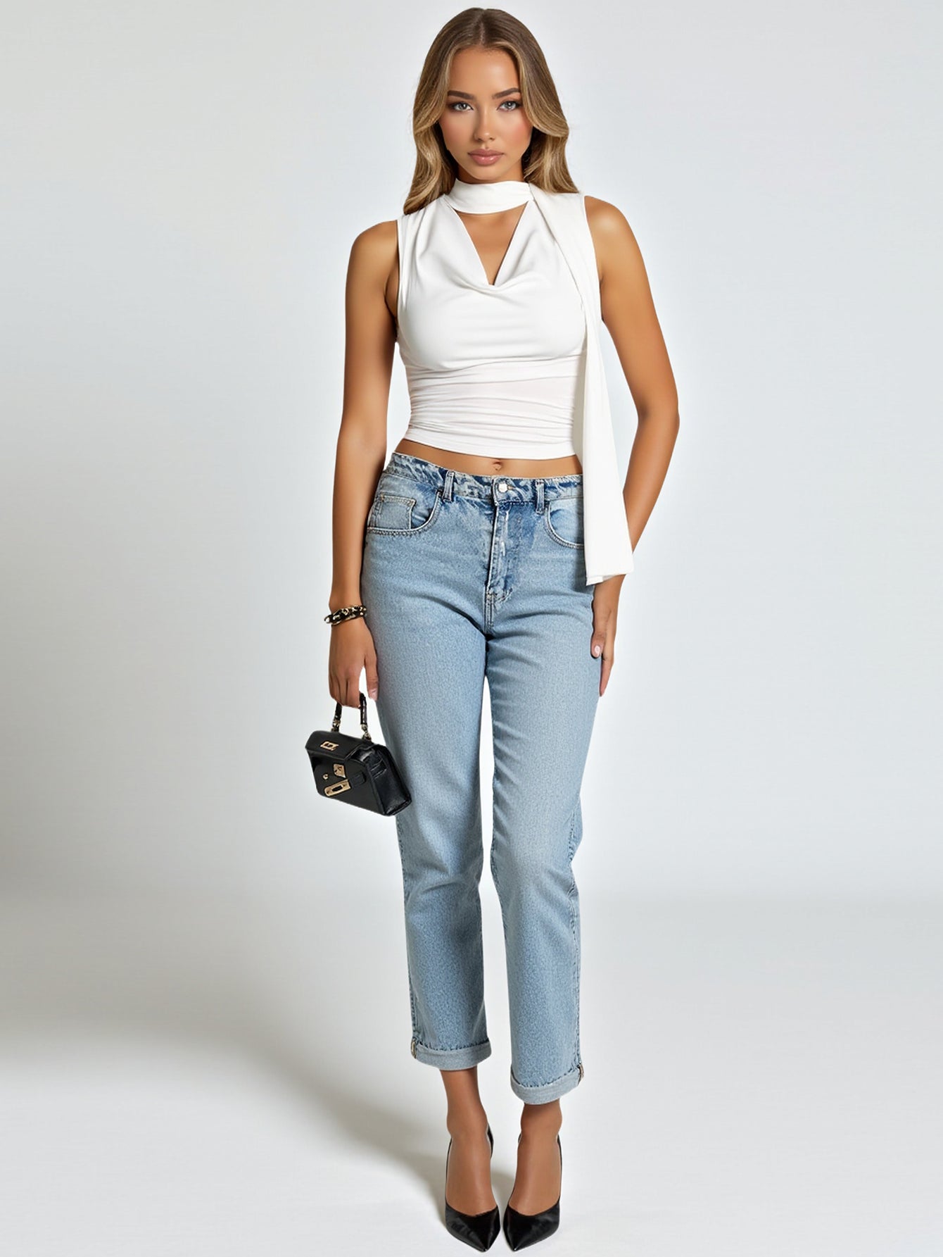 Tanks Summer Fashion Elegant Solid Color Sleeveless Cowl Neck Casual Tees For Women